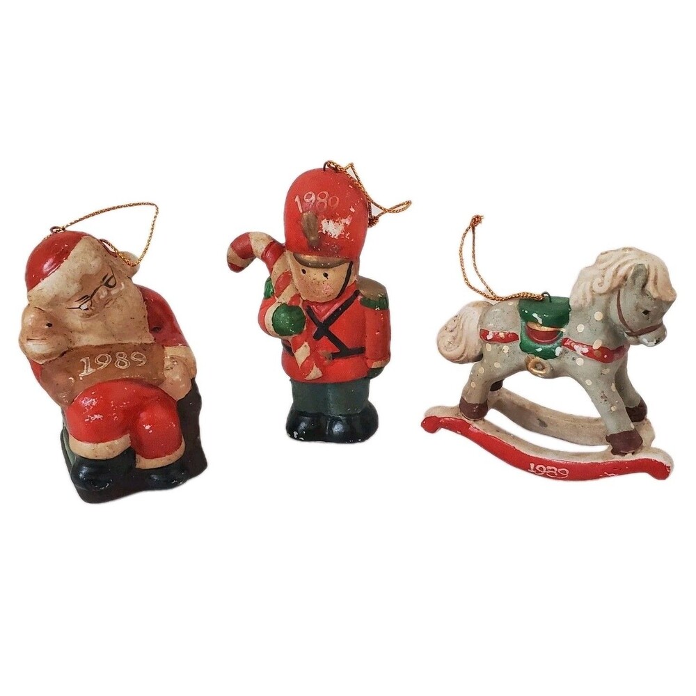 VTG Ceramic Christmas Ornaments 1989 Santa Toy Soldier Rocking Horse Rustic Lot